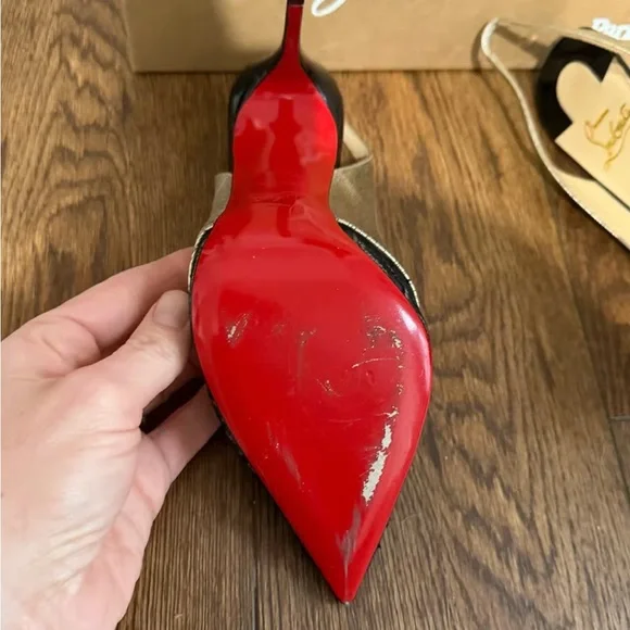 Christian Louboutin Black Lace and Metallic Gold Slingback Pumps - Picture 3 of 11